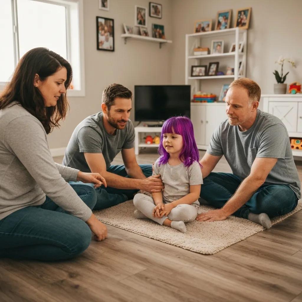 A family actively participating in an ABA therapy session at home alongside a therapist