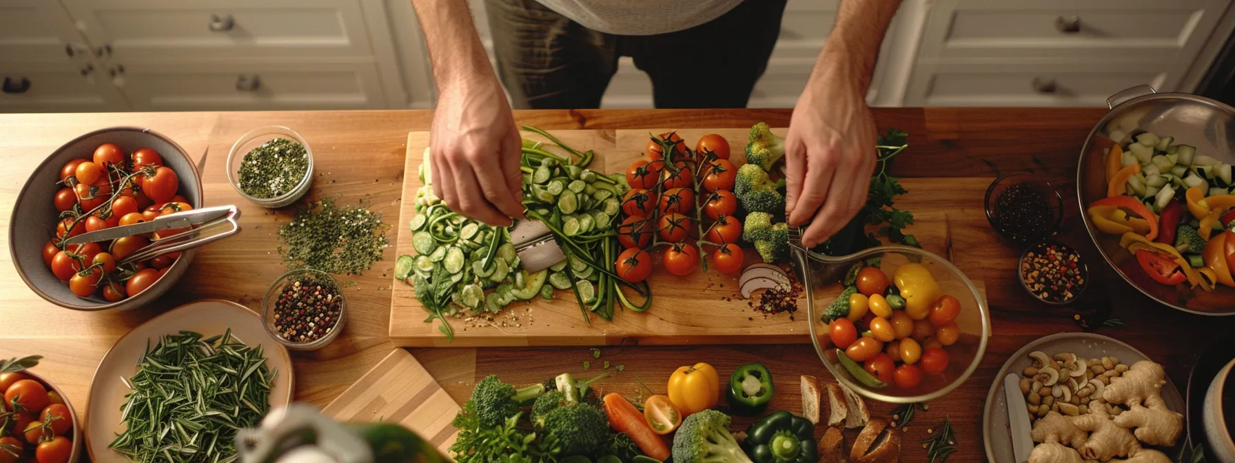 a person preparing a balanced fitness meal with a variety of healthy foods.