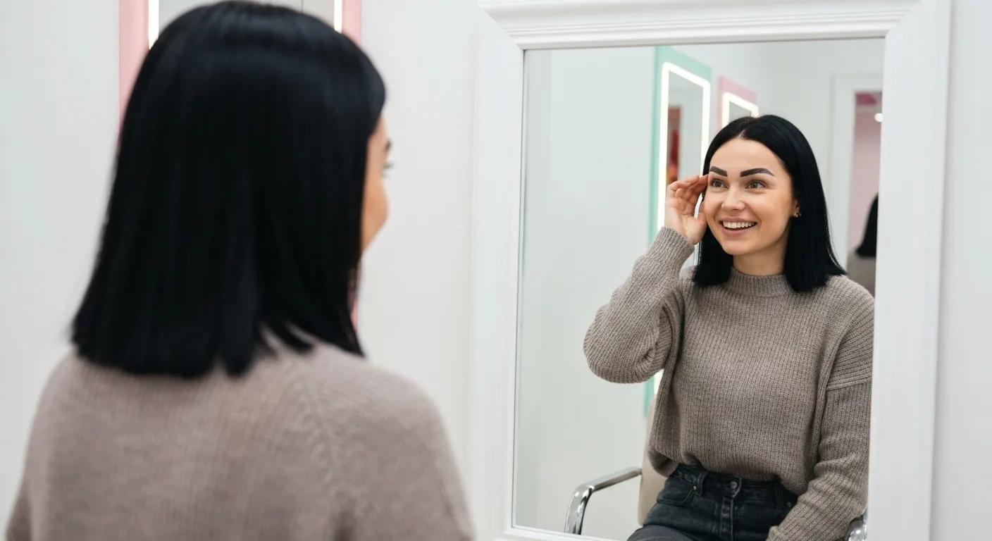 Woman admiring her perfectly laminated brows in a salon mirror