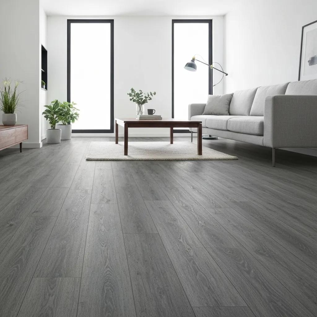 Stylish interior with grey wood flooring, showcasing modern Scandinavian design elements