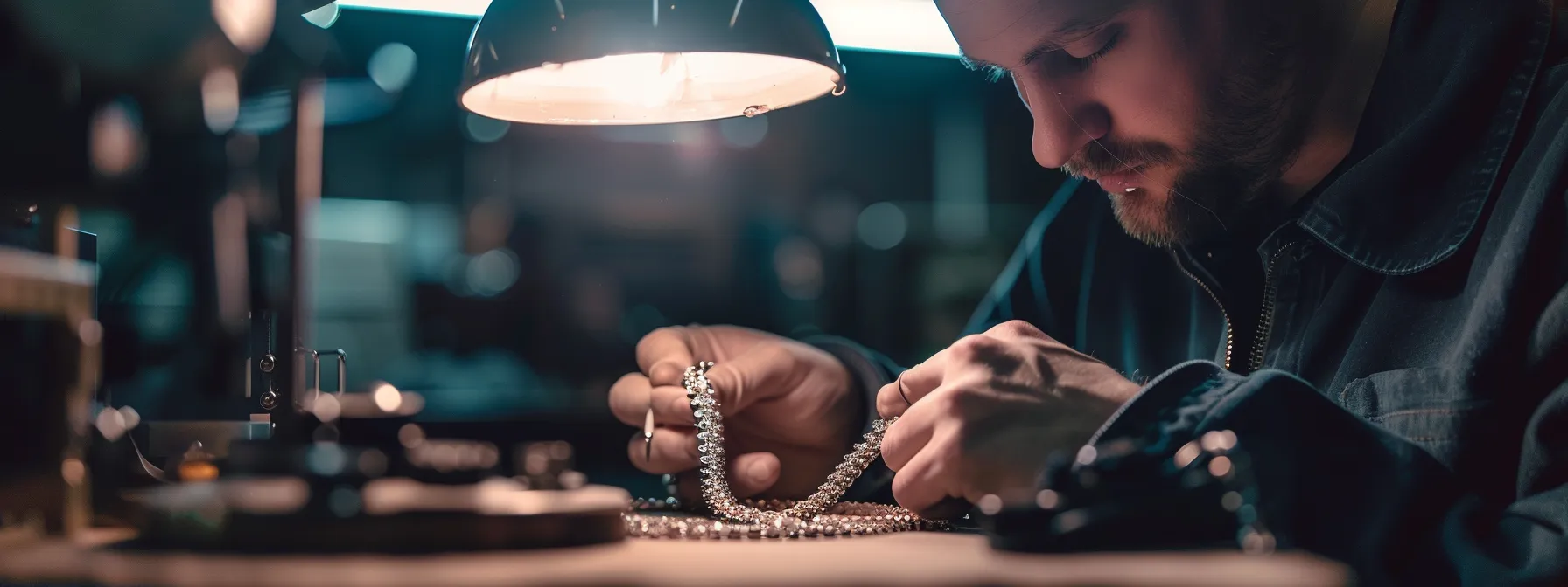 a jeweler carefully inspecting and polishing a shimmering platinum necklace under bright studio lights.