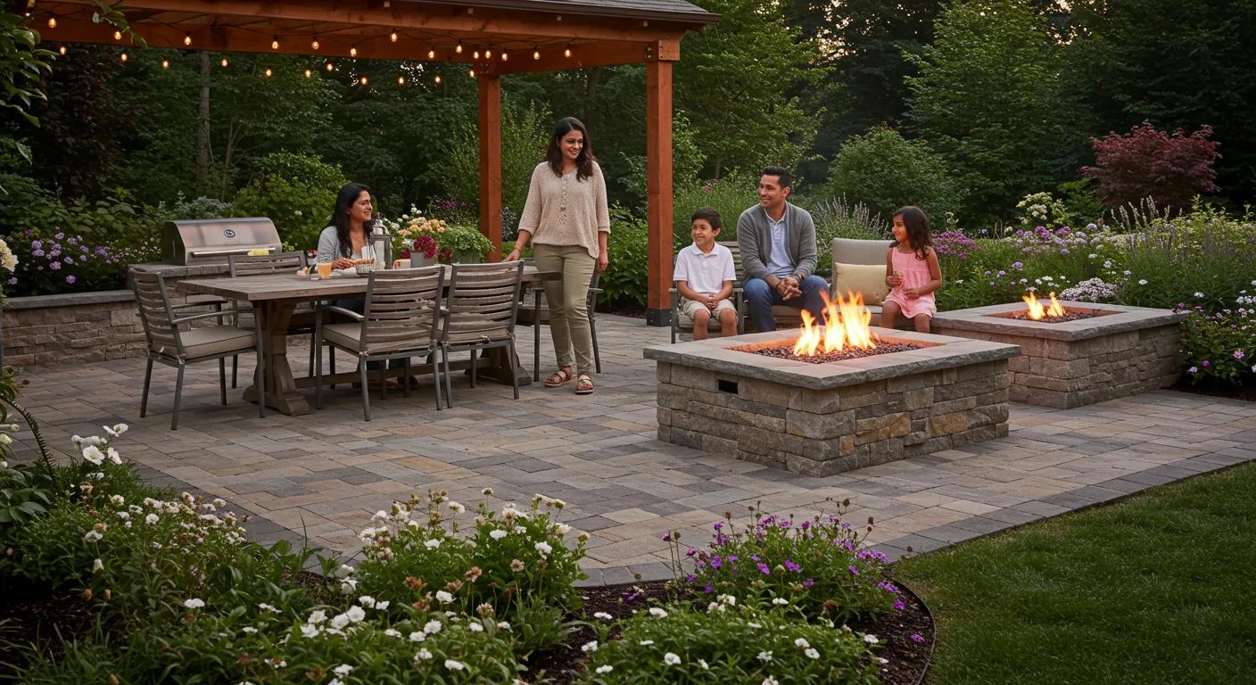 Family enjoying a hardscaped patio with dining area and fire pit