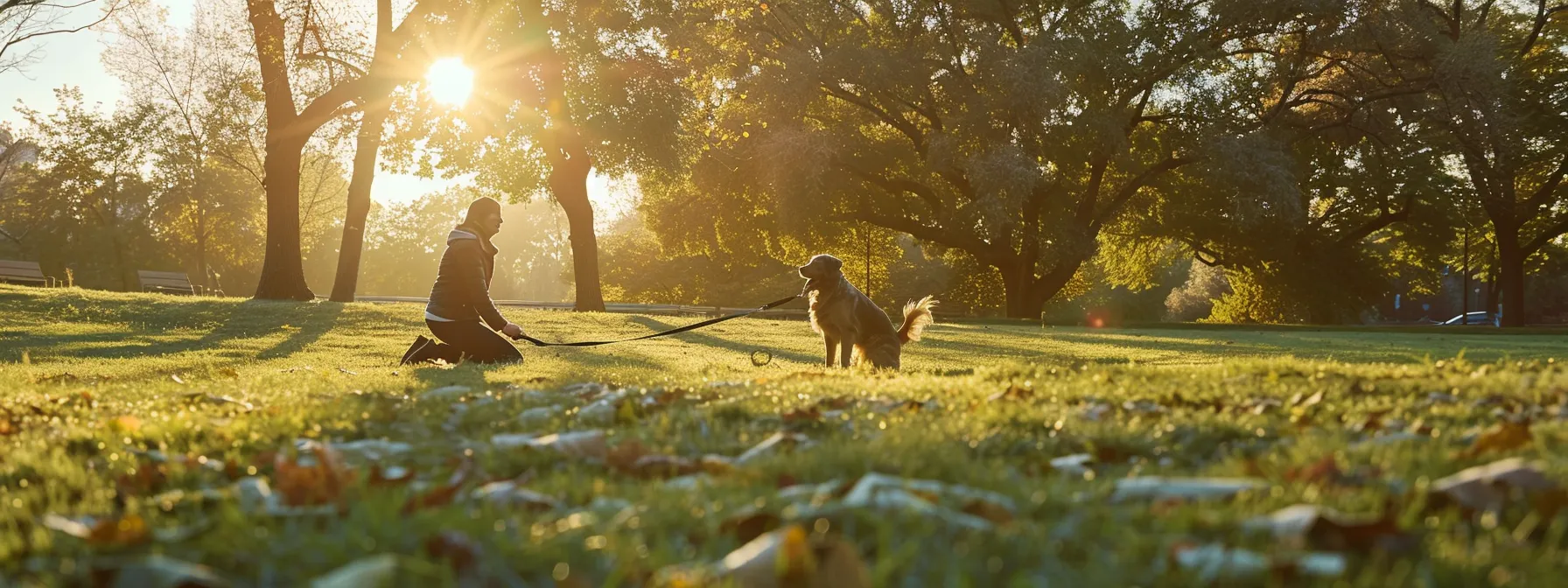 a person and their dog happily practicing training commands in a sunny park.