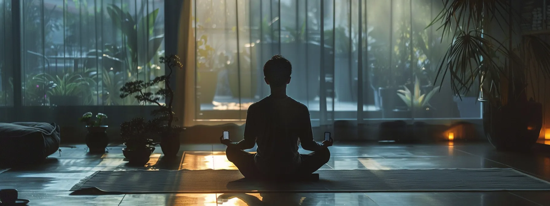 a person peacefully meditating with a smartphone beside them, surrounded by a serene and clutter-free environment.