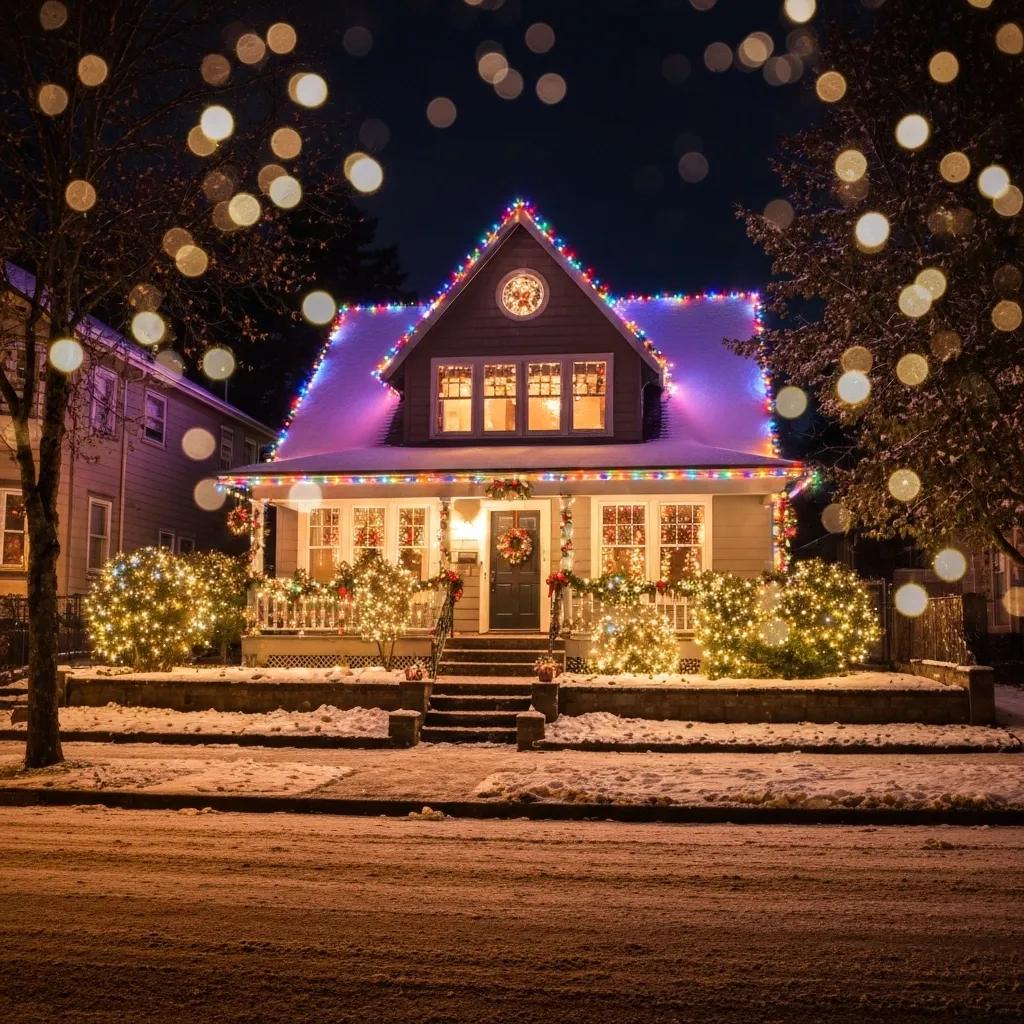 Professionally installed Christmas lights on a Portland home, showcasing festive holiday decorations