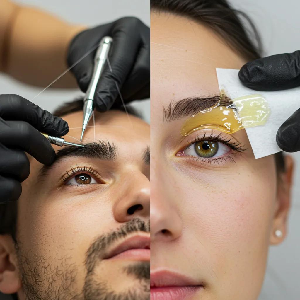 Comparison of eyebrow threading and waxing techniques for men, illustrating precision threading and waxing setup