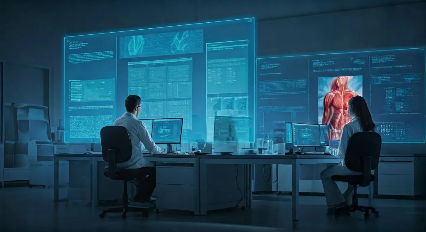 a modern clinical research lab filled with sleek equipment showcases a diverse group of researchers analyzing data on glowing screens, with images of youthful skin and vibrant muscle tissue projected in the background, symbolizing the transformative anti-aging effects of ibutamoren.