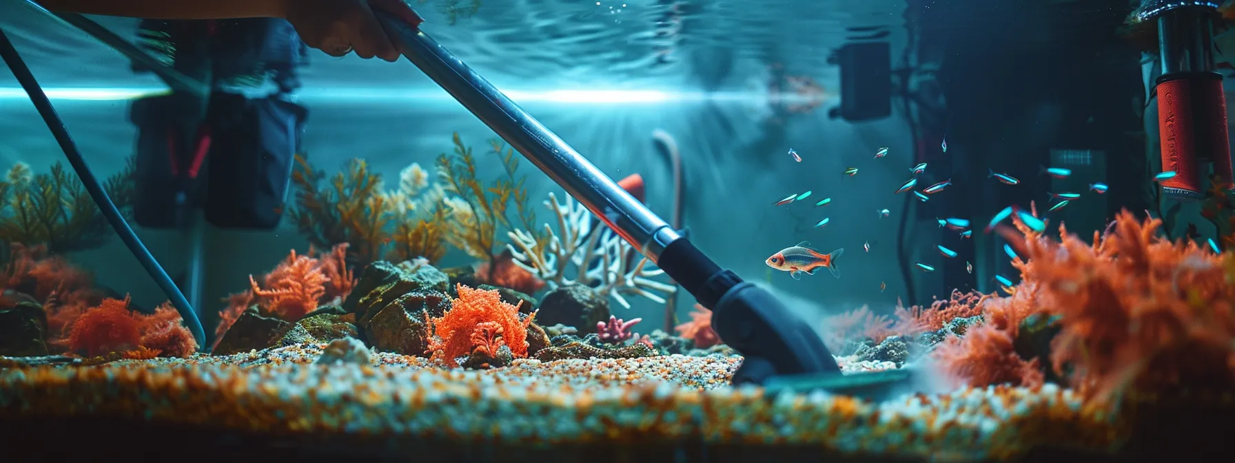 a person vacuuming the substrate of an aquarium to remove fish waste.