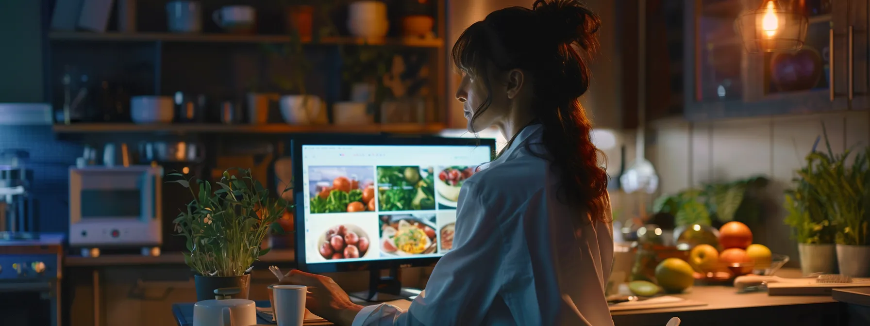 a person sitting at a computer, discussing meal plans with a nutrition expert.