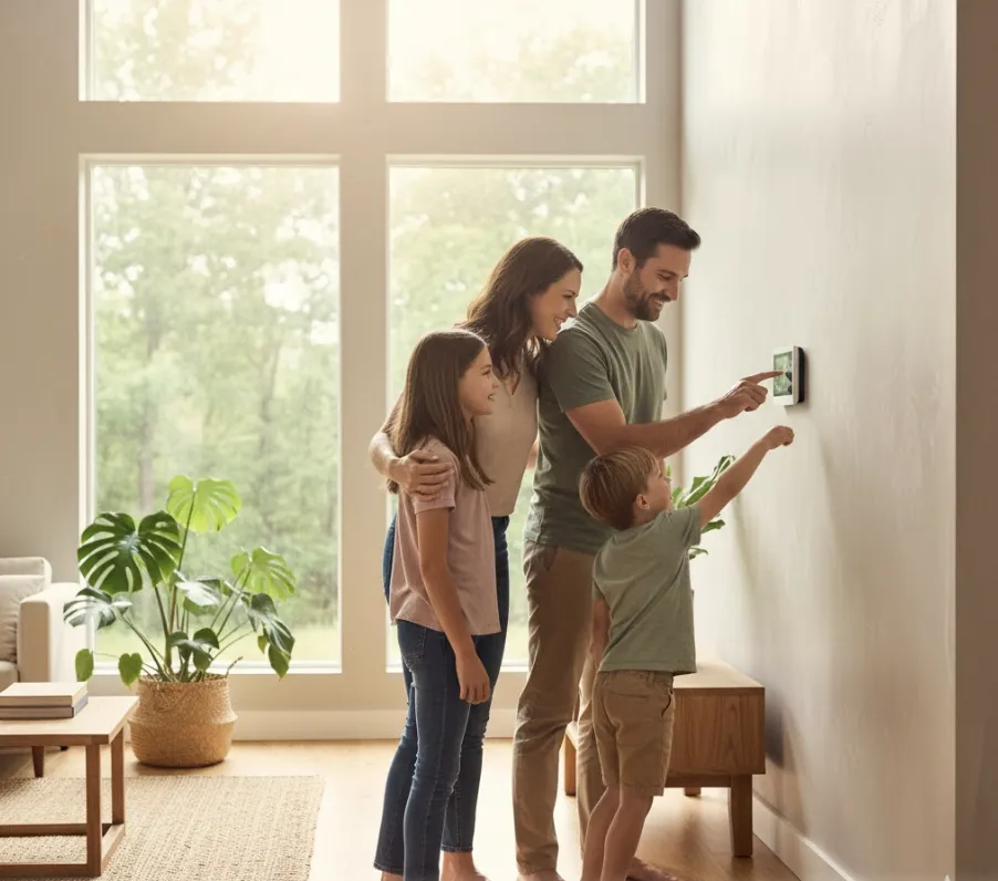 Virginia homeowner adjusting a smart thermostat inside a modern energy-efficient home with updated windows and LED lighting. Virginia homeowner adjusting a smart thermostat inside a modern energy-efficient home with updated windows and LED lighting.