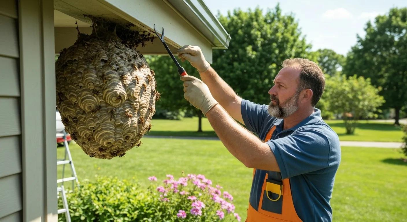 Pest control technician carefully inspecting a wasp nest, demonstrating professional removal techniques Pest control technician carefully inspecting a wasp nest, demonstrating professional removal techniques