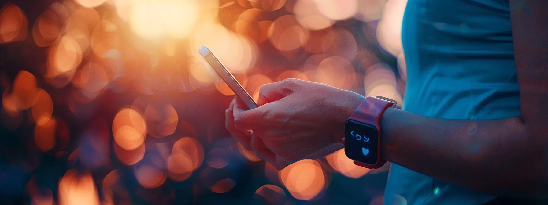 a person checking their fitness tracker on their smartphone while surrounded by a supportive online community.