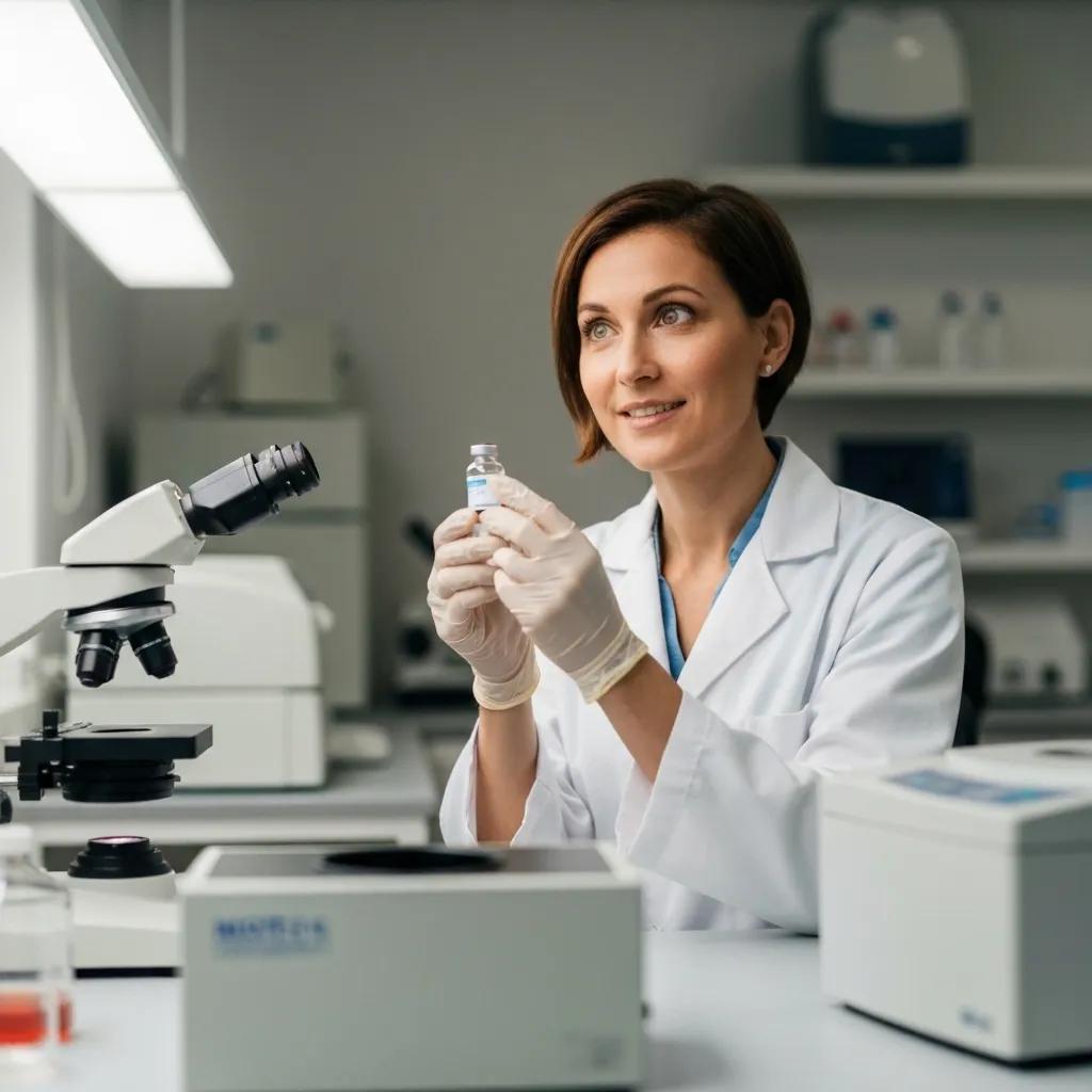 Researcher examining MOTS-c peptide in a laboratory setting, emphasizing quality and scientific integrity