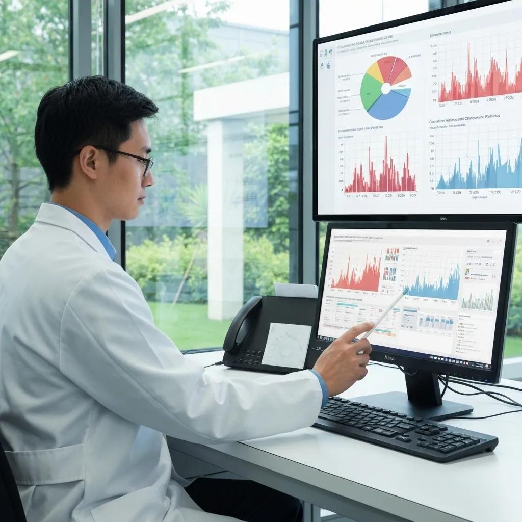 Researcher analyzing data on a computer screen, illustrating the benefits of CJC 1295 Ipamorelin in scientific research