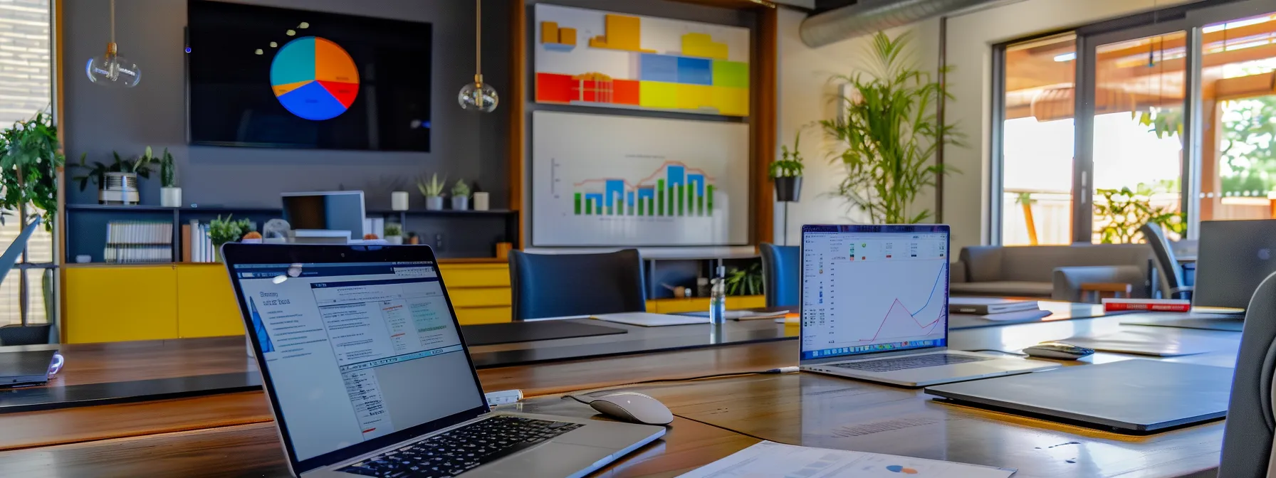 a vibrant, modern office setting with one desk showcasing a laptop with multiple tabs open for keyword optimization, content strategy, and user engagement research, while colorful graphs and charts on the wall represent data from google analytics, illustrating the intersection of holistic seo and traditional seo strategies.