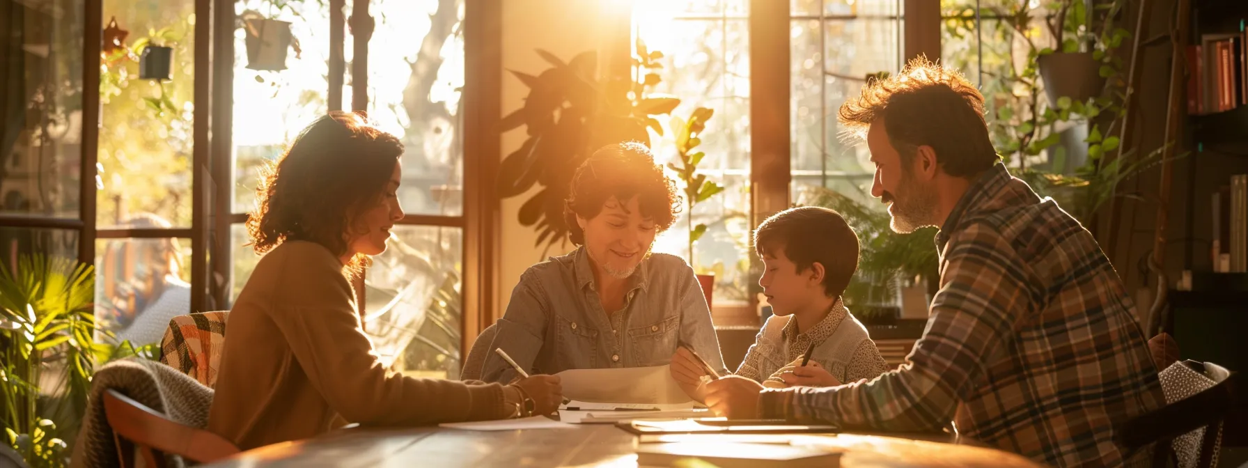 a family sitting around a table discussing financial protection options.