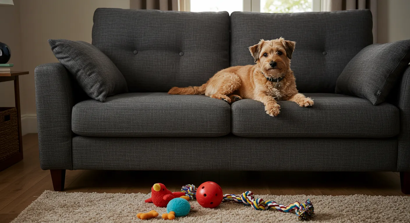 A dog relaxing on a microfiber sofa in a casual family room setting.