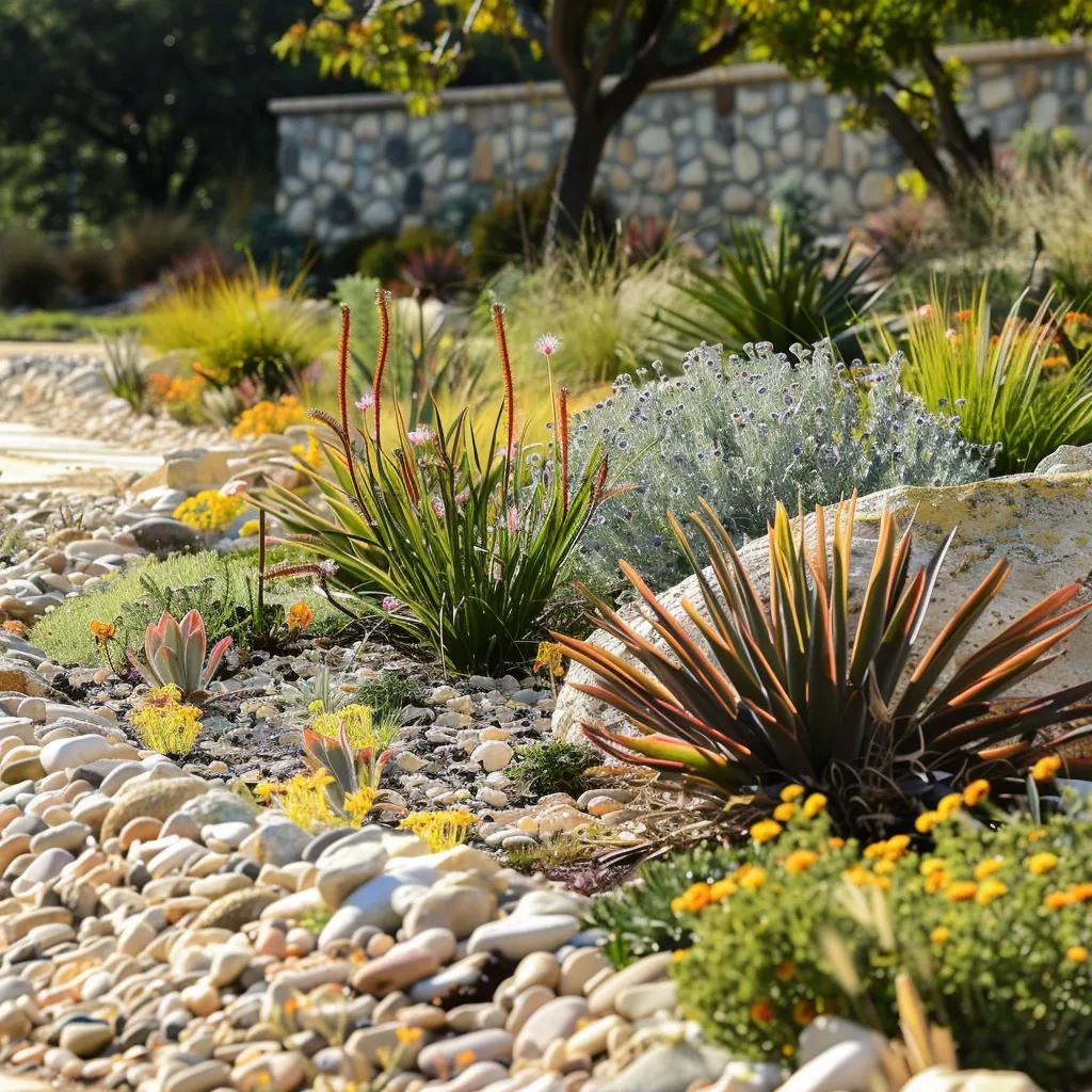 Xeriscaped garden with drought-resistant plants and efficient irrigation showcasing sustainable landscaping