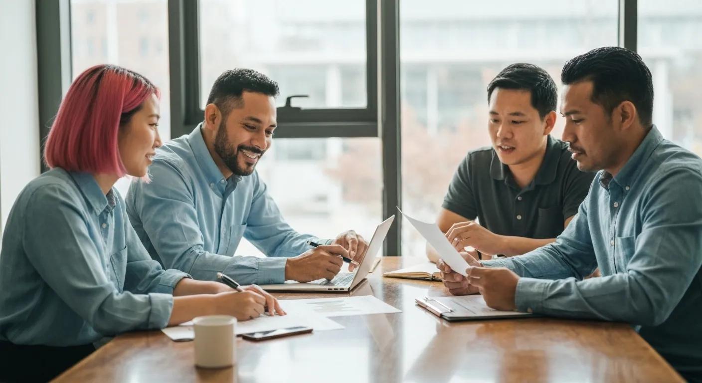 A diverse group of entrepreneurs in Fairfax County collaborating enthusiastically around a table, discussing financial strategies and future growth.