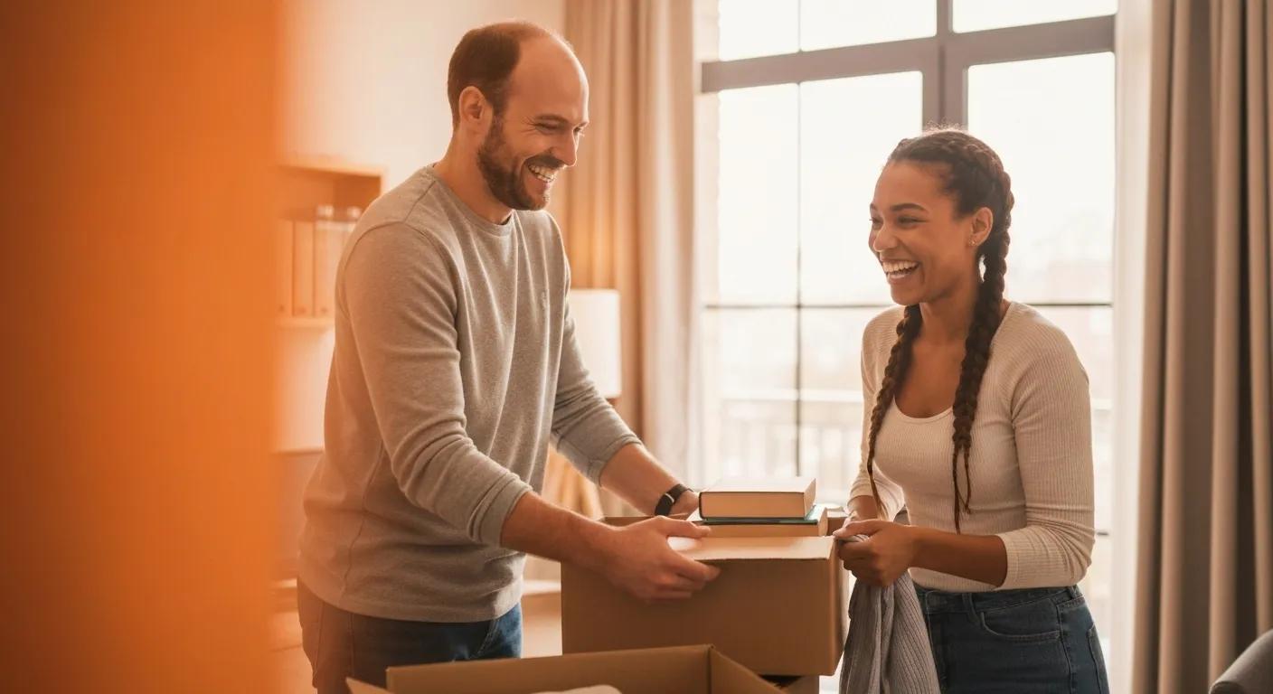 Couple happily unpacking in their new home after a successful trade-in Couple happily unpacking in their new home after a successful trade-in