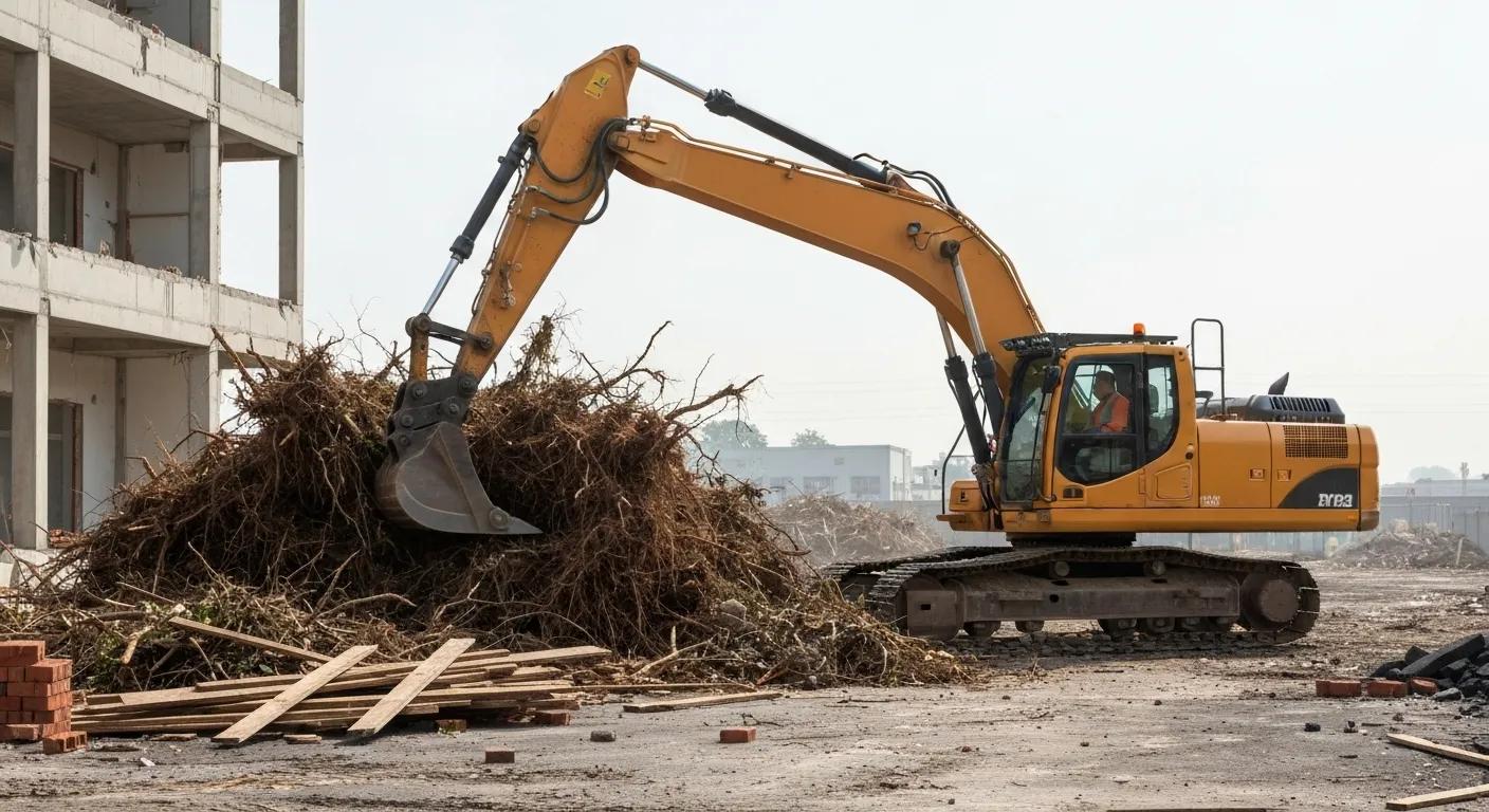 Heavy machinery clearing debris and vegetation from a construction site