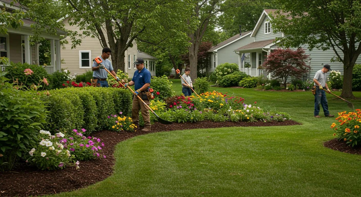 Local landscaping team working in a Minnesota neighborhood with residential backdrop