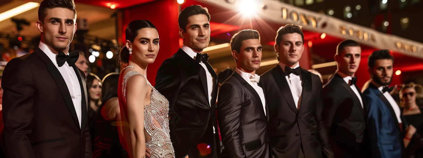 a group of lean and slender actors with delicate physiques posing on a hollywood red carpet.