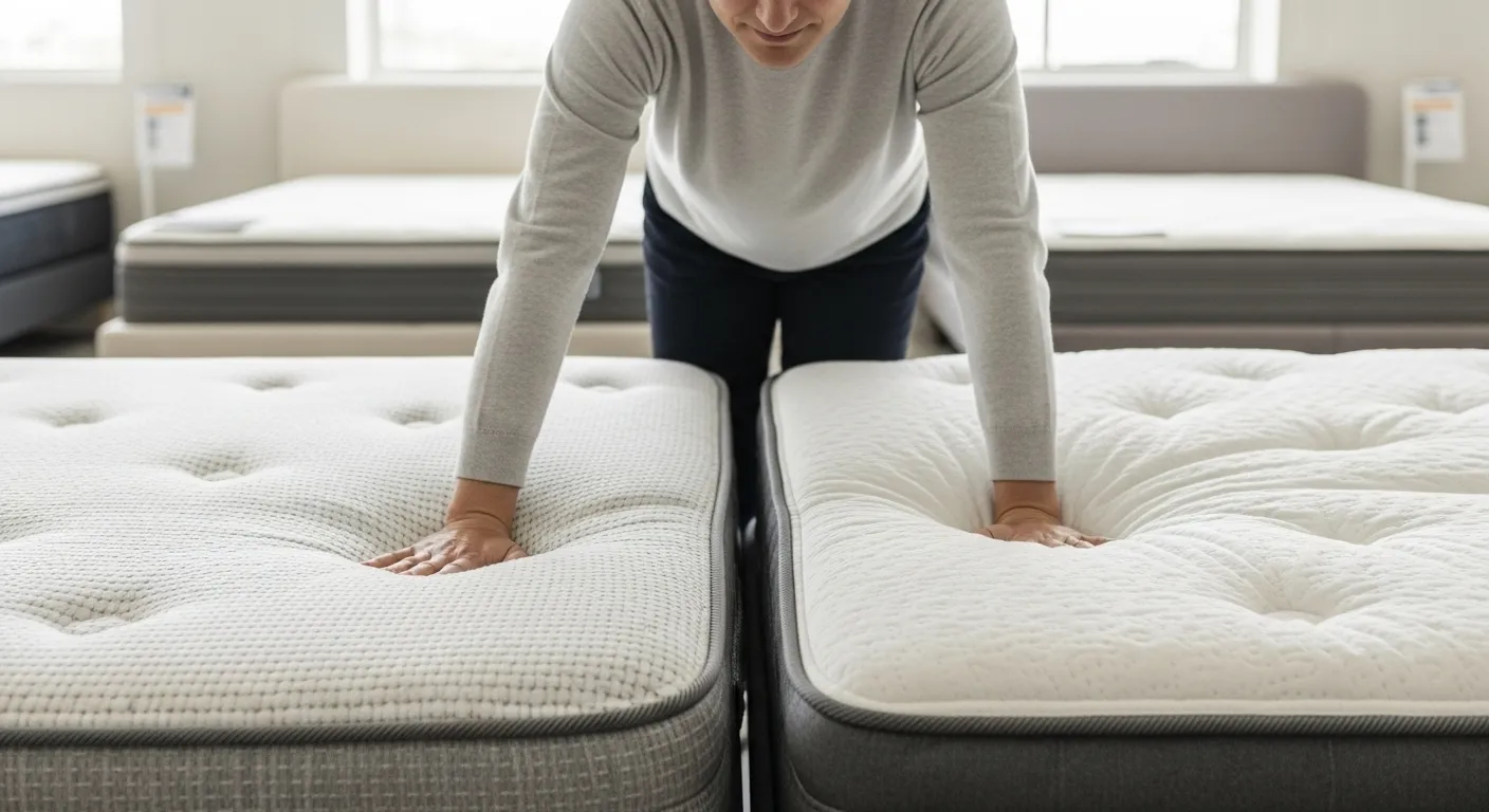 Two beds in a bright room, each representing a different mattress type. Two beds in a bright room, each representing a different mattress type.
