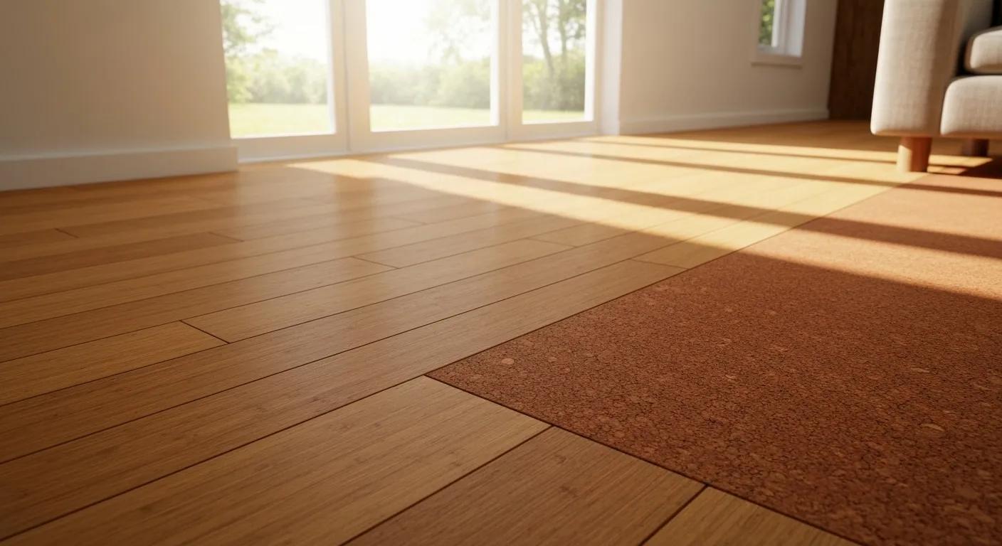 Eco-friendly flooring options like bamboo and cork displayed in a natural setting, highlighting their environmental benefits and design appeal
