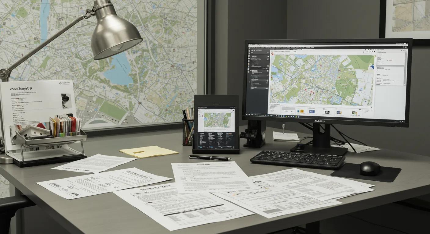 a modern office interior features a sleek desk cluttered with zoning maps, documents, and a computer screen displaying local government websites, emphasizing the professional atmosphere of seeking expert guidance for navigating zoning regulations in home projects.