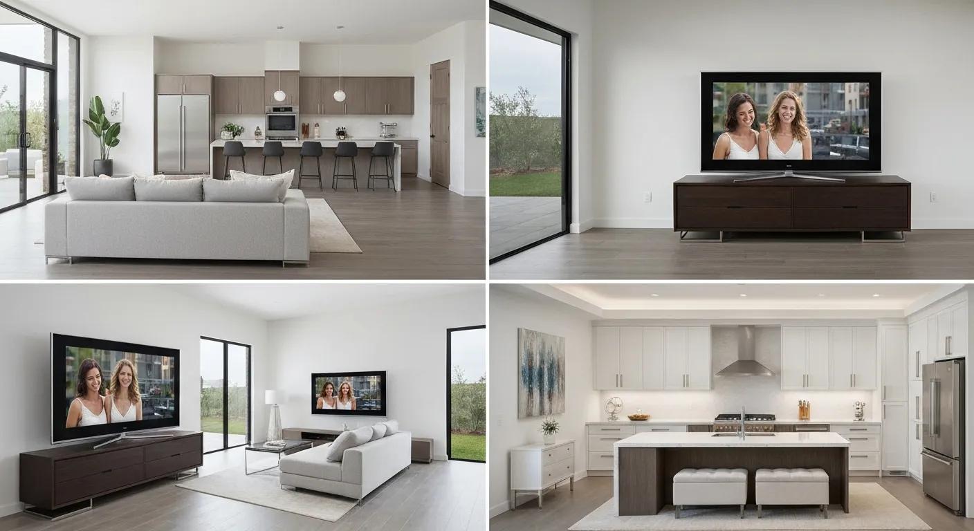 Modern home with multiple rooms featuring flat-screen TVs connected to separate TV points for simultaneous viewing