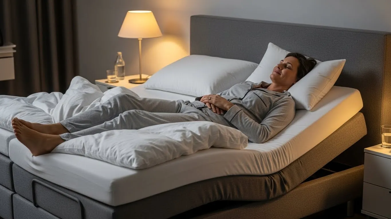 Woman relaxing in adjustable bed with elevated head and feet, wearing pajamas, showcasing comfort for reading or watching shows, with bedside lamp and water glass in cozy bedroom setting.