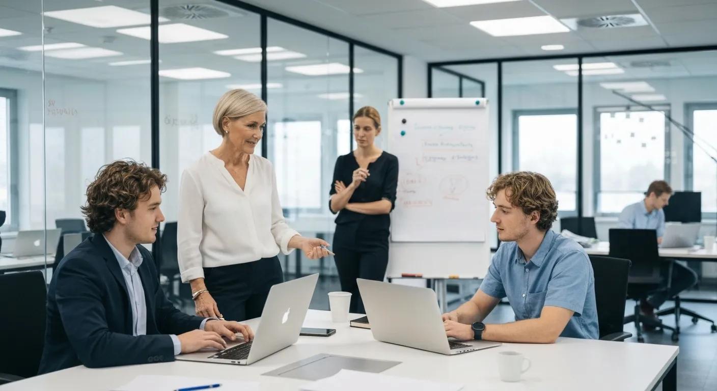 Professionals collaborating on AI automation solutions in a modern office