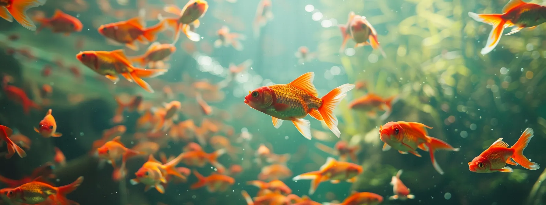 a tank filled with healthy and vibrant long red strand goldfish swimming gracefully.