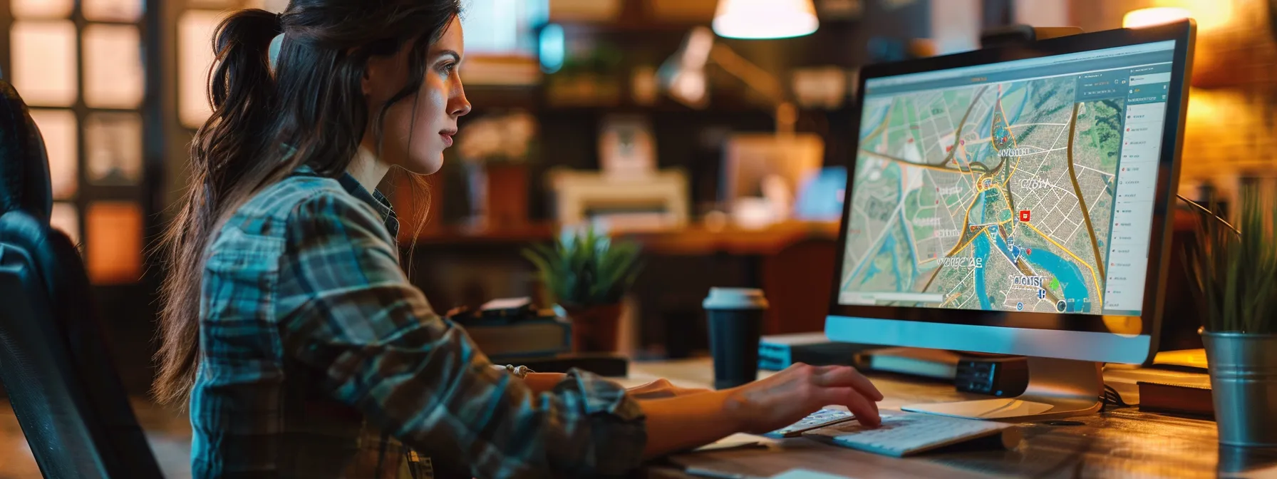 a business owner in cypress, tx working on a computer with a map of the local area and social media icons in the background.