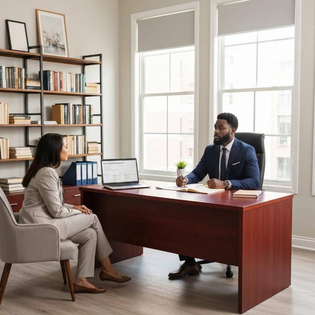 Private investigator consulting with a client in a professional office setting