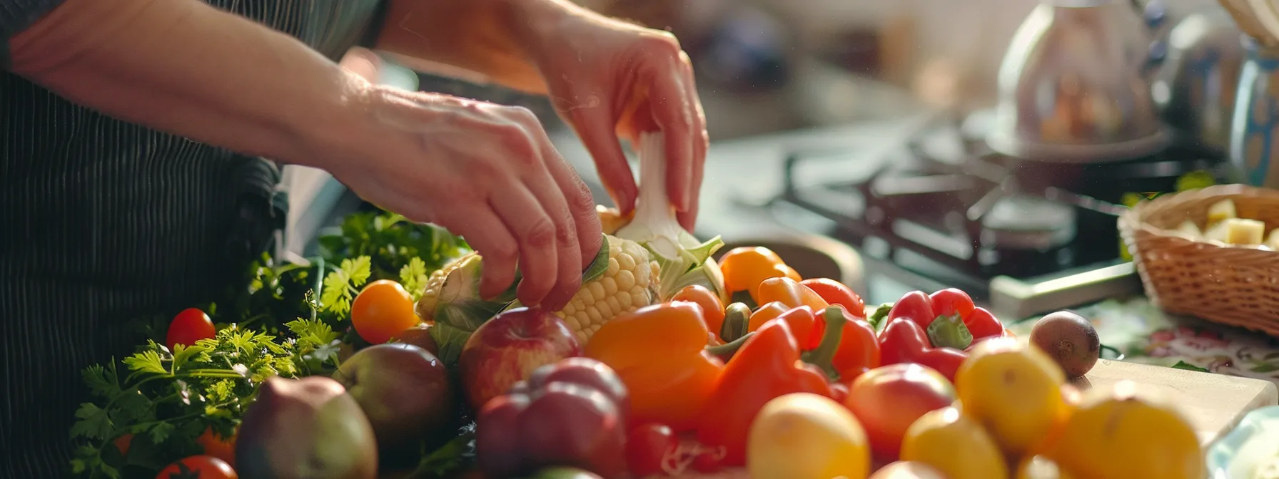 a person preparing a variety of colorful fruits and vegetables for a healthy meal.