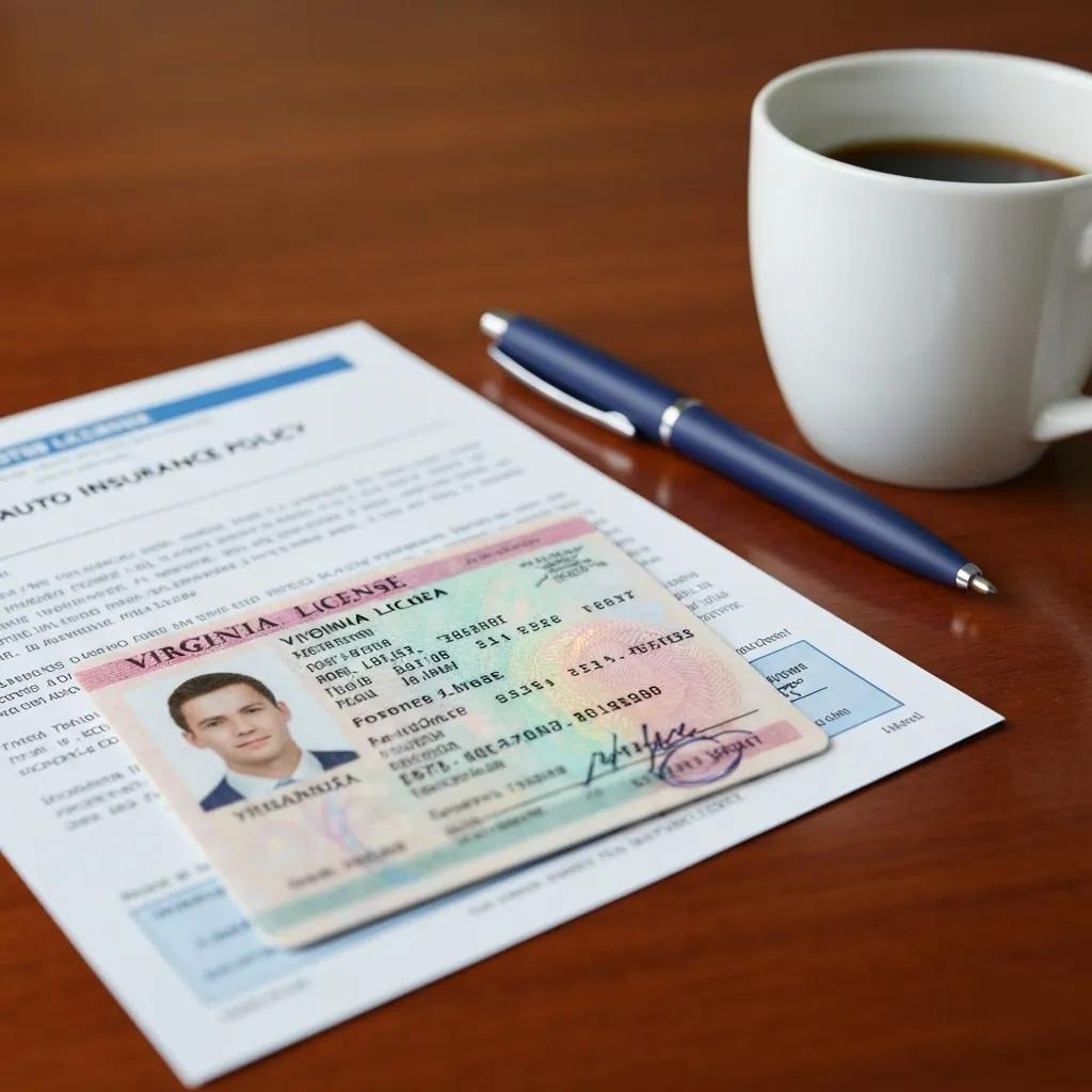 Virginia driver's license and auto insurance policy documents laid out on a table