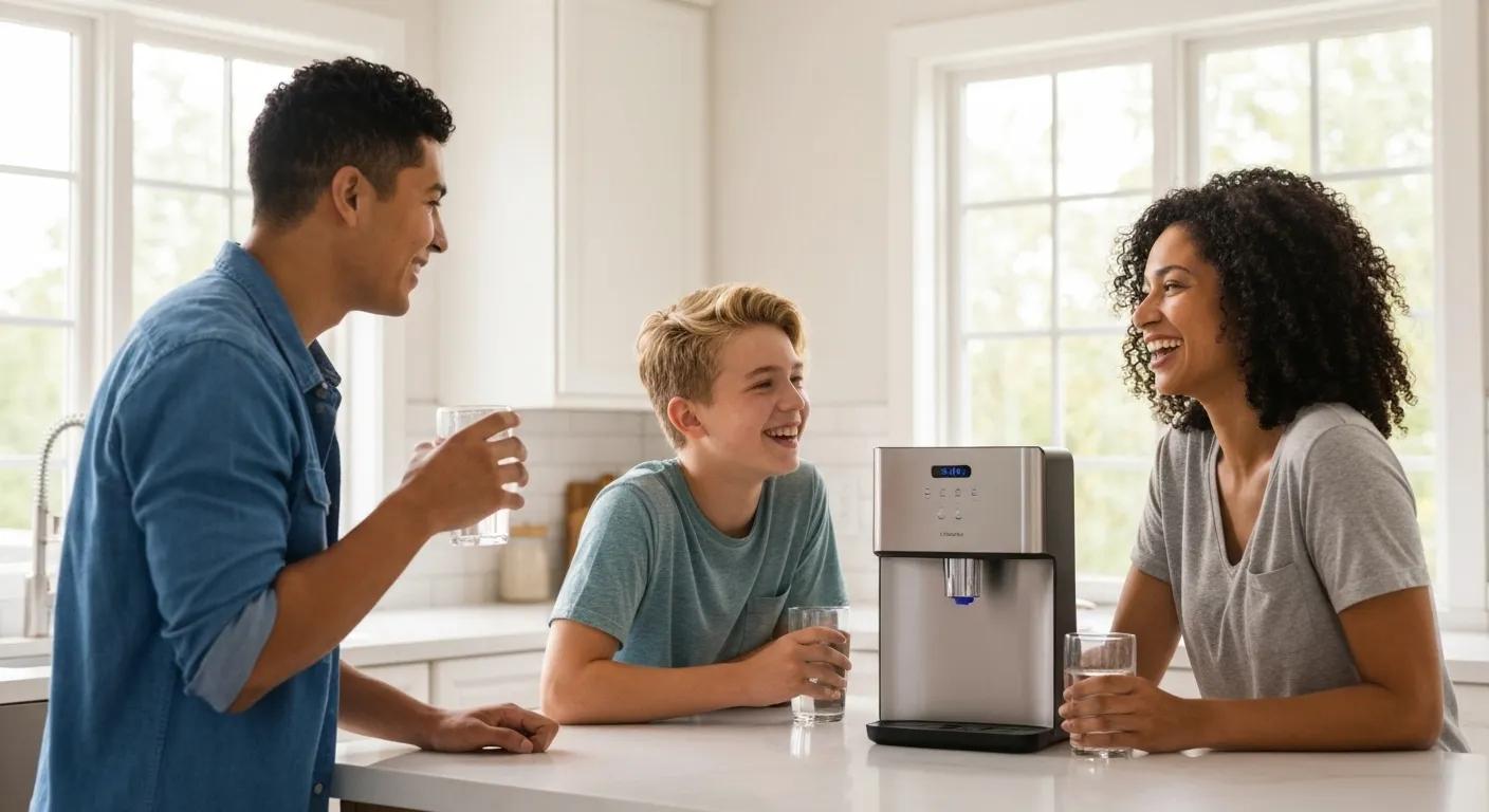 Dallas family enjoying clean water from a modern filtration system in a bright kitchen