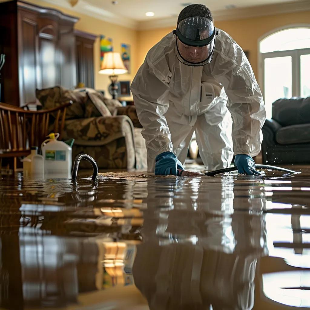 Professional team conducting emergency water extraction in a flooded home Professional team conducting emergency water extraction in a flooded home