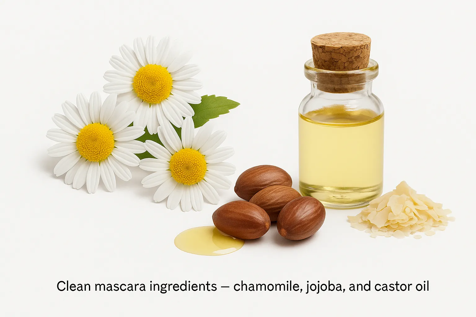 Clean mascara ingredients – chamomile, jojoba, castor oil, and natural wax shown on a white background representing soothing, hydrating lash care.
