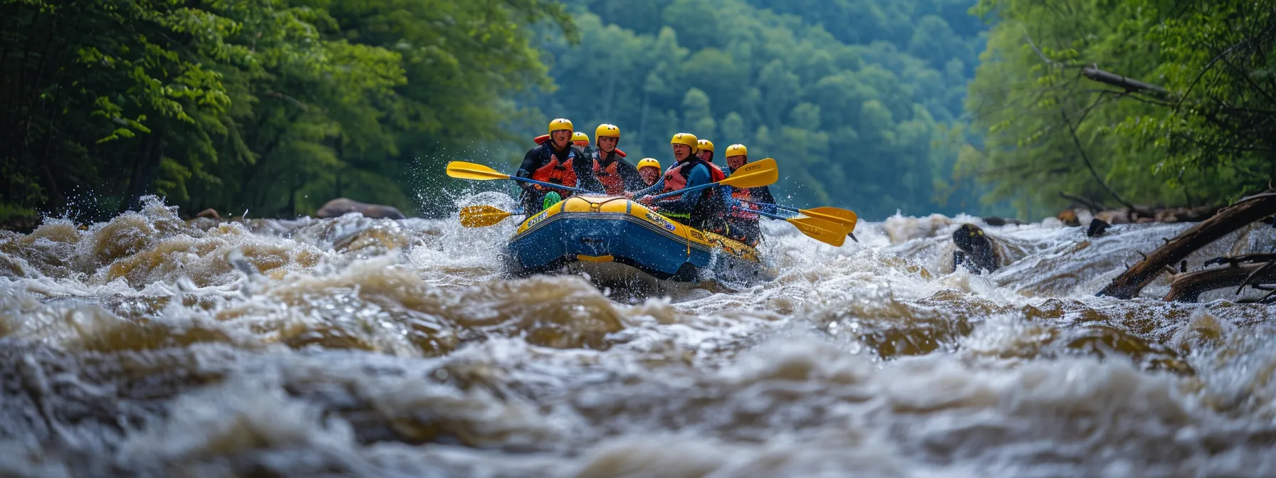 a group of rafters navigating through turbulent whitewater rapids on the middle ocoee river in east tennessee.