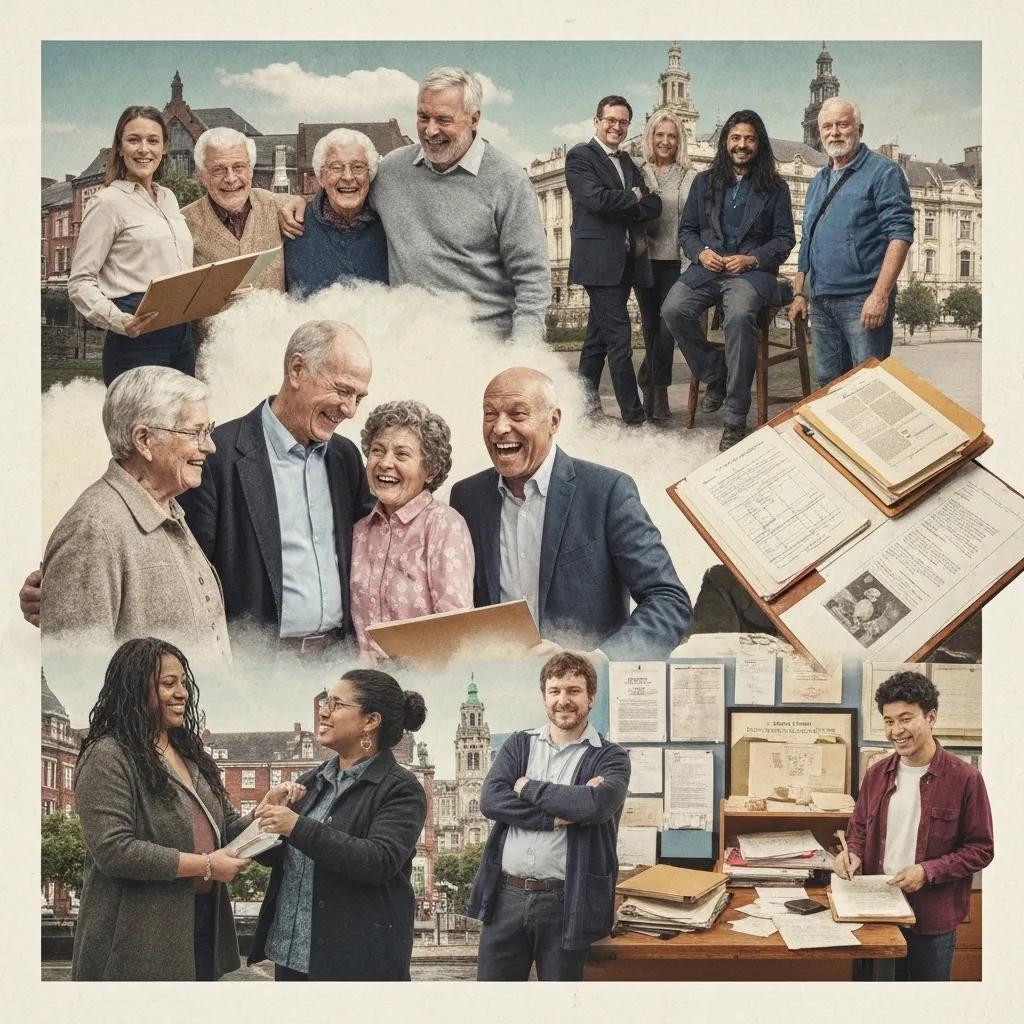 Collage illustrating people tracing services in Coventry, featuring family reunions and legal documents
