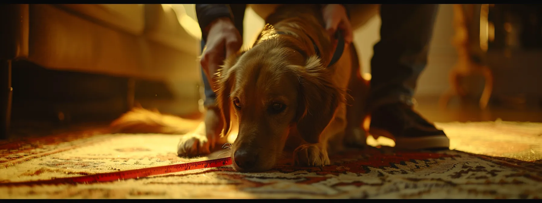 a person measuring a dog from nose to tail with a tape measure.