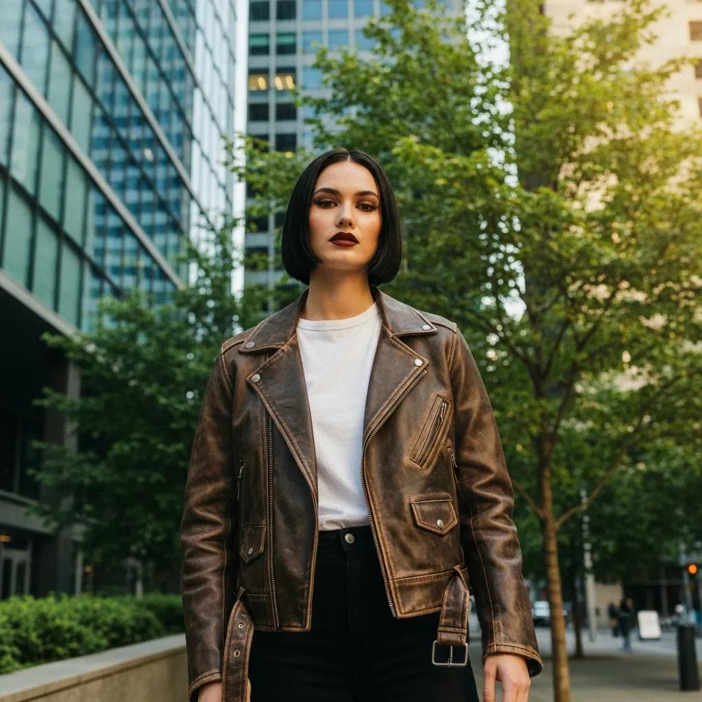 Sharp dresser sporting a Made in USA leather jacket against a city backdrop