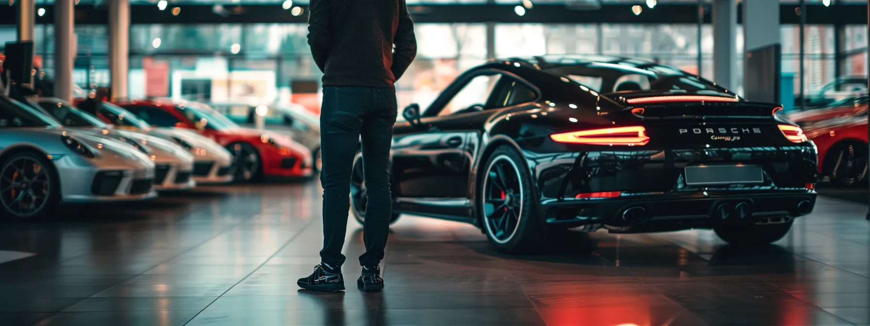 a person carefully inspecting a sleek, black car in a well-lit showroom, surrounded by various models and options.