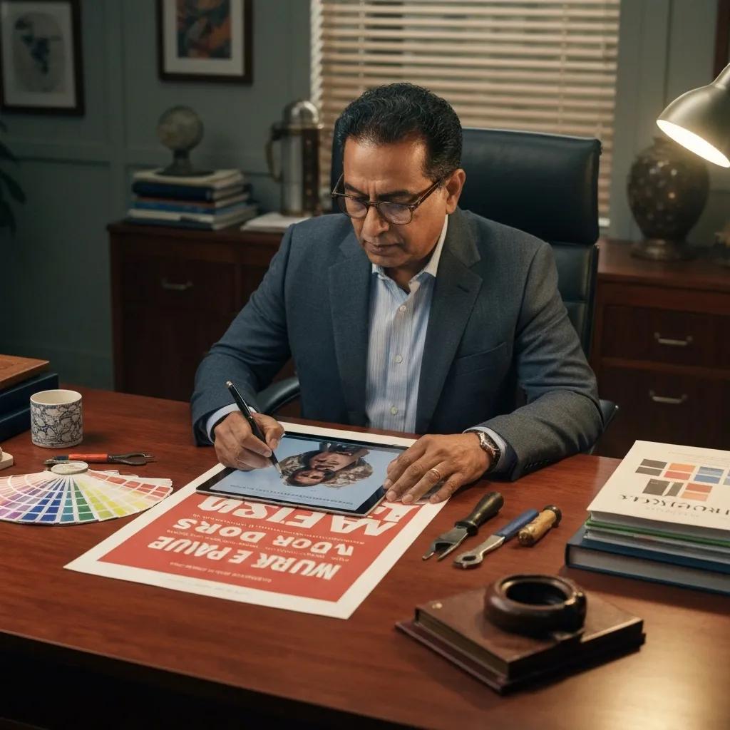 A designer crafting bold and colorful poster designs for a wild posting campaign in a buzzing creative studio