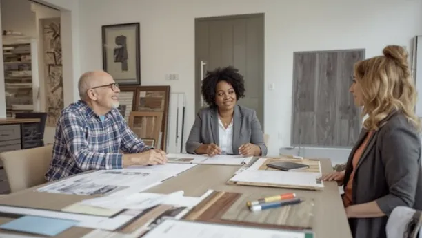 Veteran buyers meeting with a VA-friendly builder in a new home design center Veteran buyers meeting with a VA-friendly builder in a new home design center
