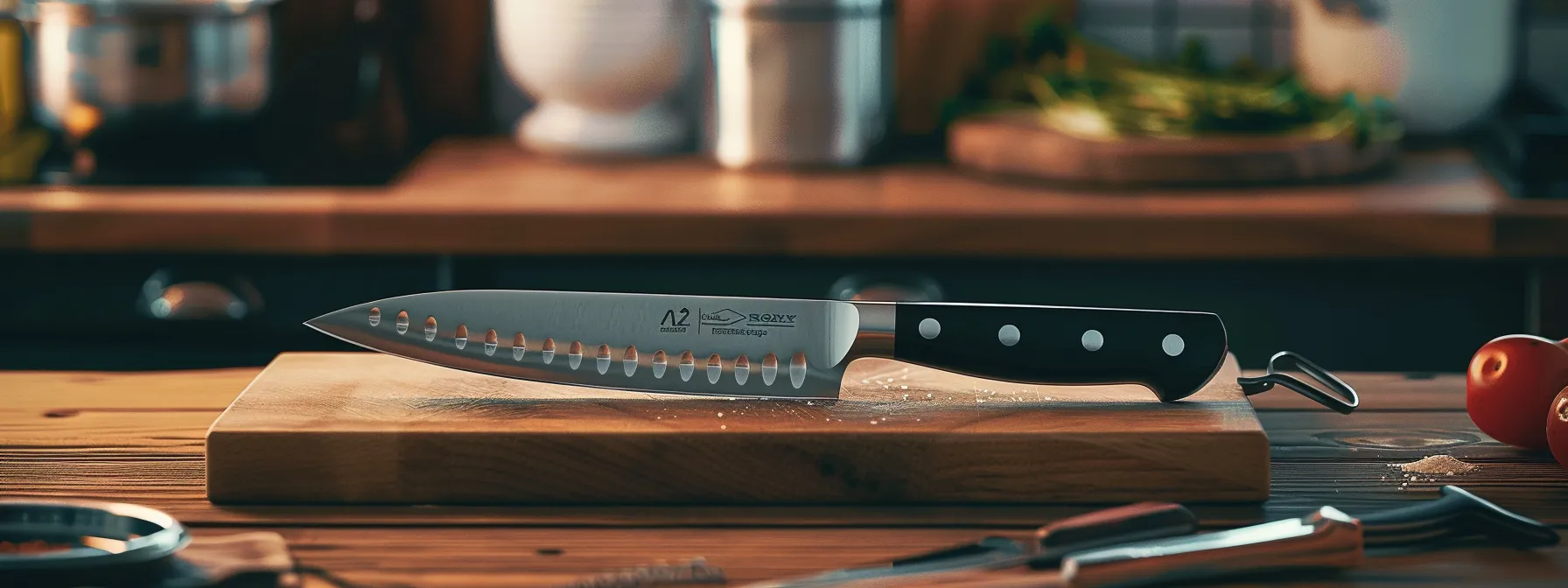 a shiny, well-maintained knife resting on a wooden cutting board, surrounded by cleaning supplies and a sharpening stone.