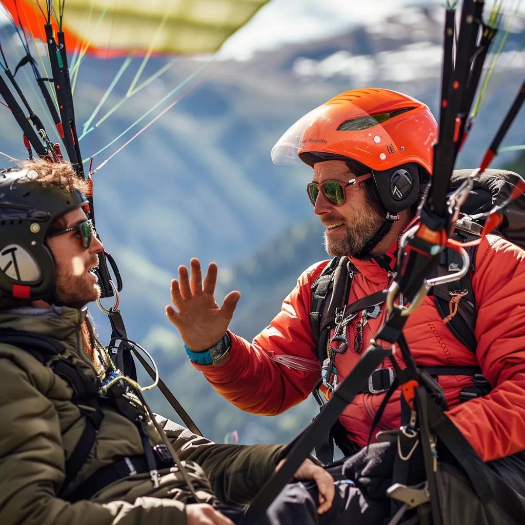 Instructor briefing a tandem passenger on safety procedures before paragliding